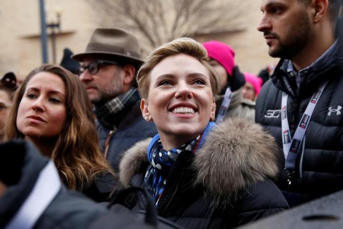 Actress Scarlett Johansson smiles at the Women's March in Washington